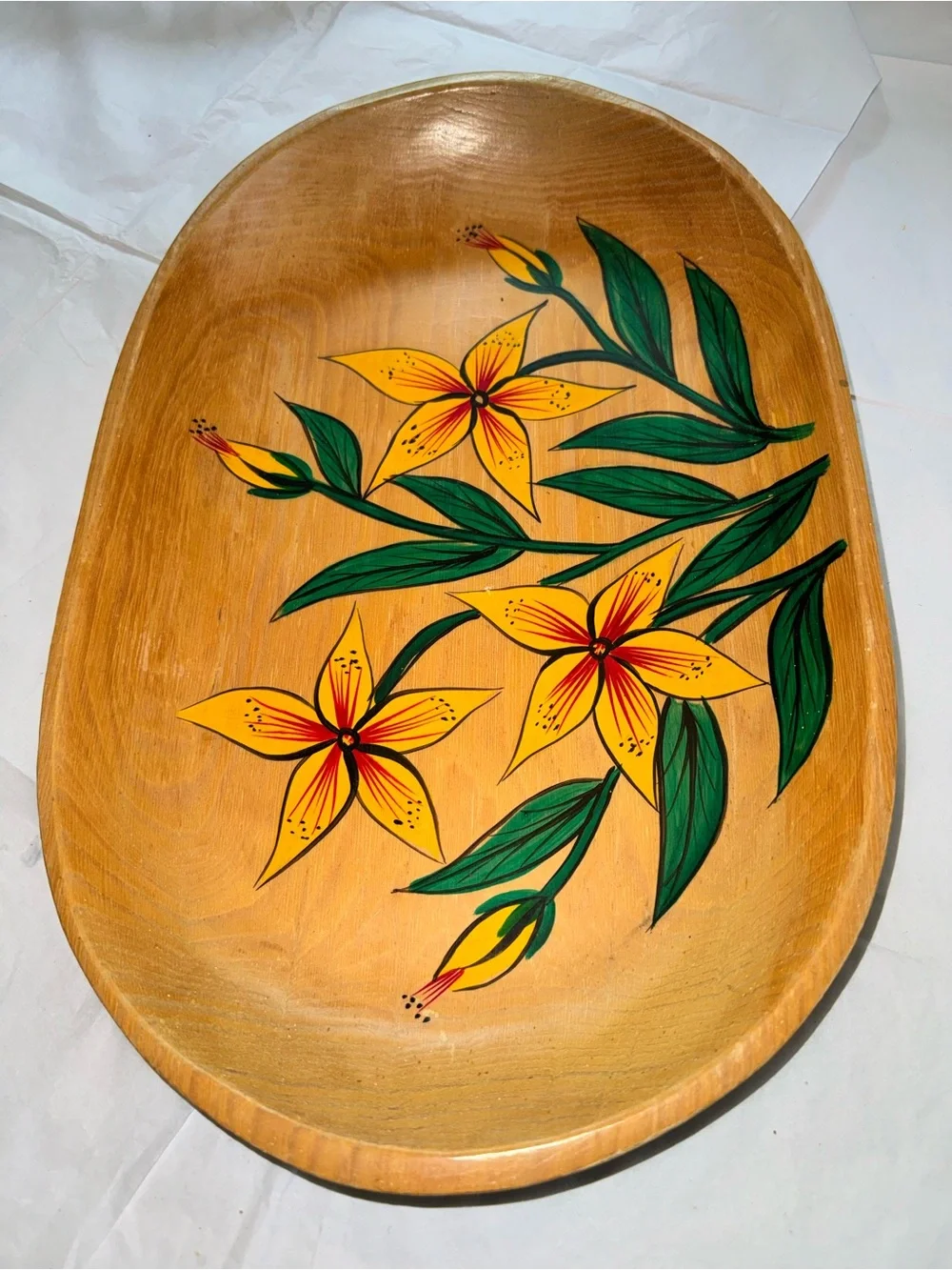 Mid-century Modern Toleware Wood Large Serving Dish Tray Painted Tiger Lillies